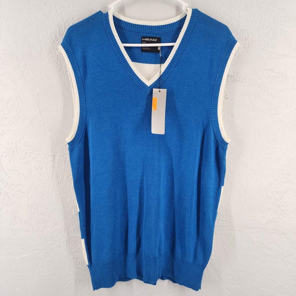Head‎ Mens XL | Blue White Striped V-Neck Sweater Vest Tennis Golf Preppy Cotton